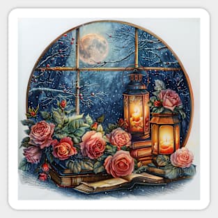 Fantasy winter starry night window Sticker